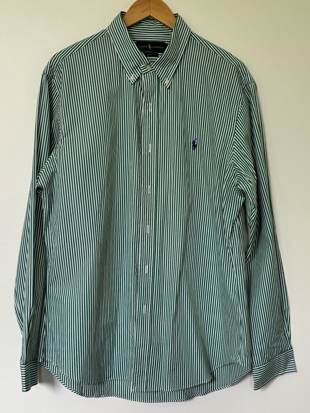 NWT Ralph Lauren green and white striped Men’s SLIM FIT button down SZ XL